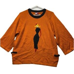 Vintage Sweater Kuo Meng Asian Style Sweater Orange Black 3/4 Sleeve